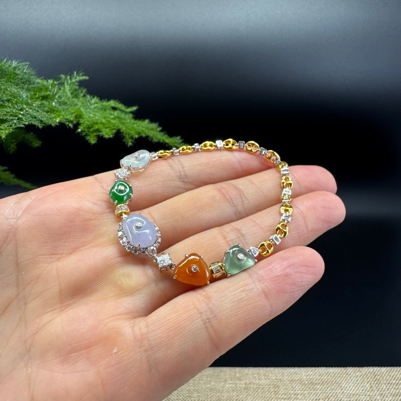 18K Gold Multi-color Dimples Jadeite Jade Bracelet With Diamonds