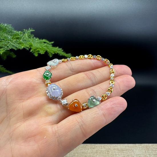 18K Gold Multi-color Dimples Jadeite Jade Bracelet With Diamonds