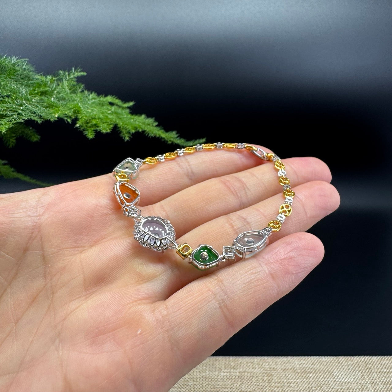 18K Gold Multi-color Dimples Jadeite Jade Bracelet With Diamonds