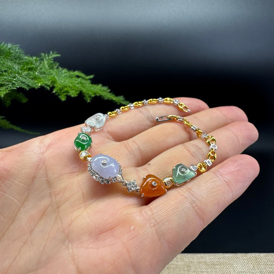 18K Gold Multi-color Dimples Jadeite Jade Bracelet With Diamonds