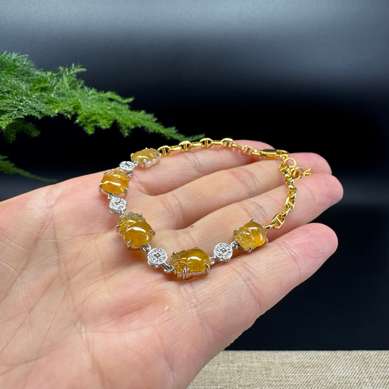 18K Gold Honey Yellow Pi Xiu Jadeite Jade Bracelet With Diamonds
