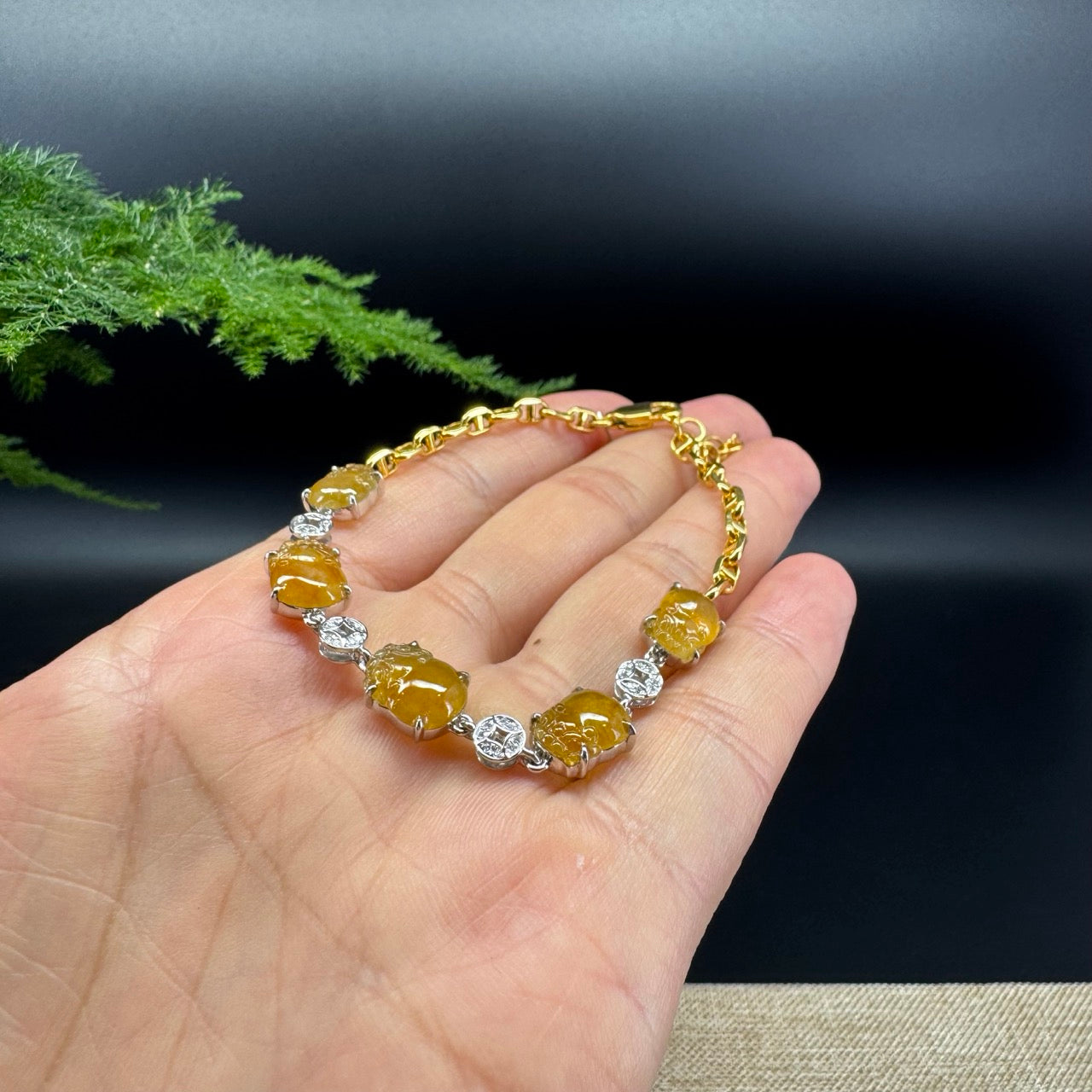 18K Gold Honey Yellow Pi Xiu Jadeite Jade Bracelet With Diamonds