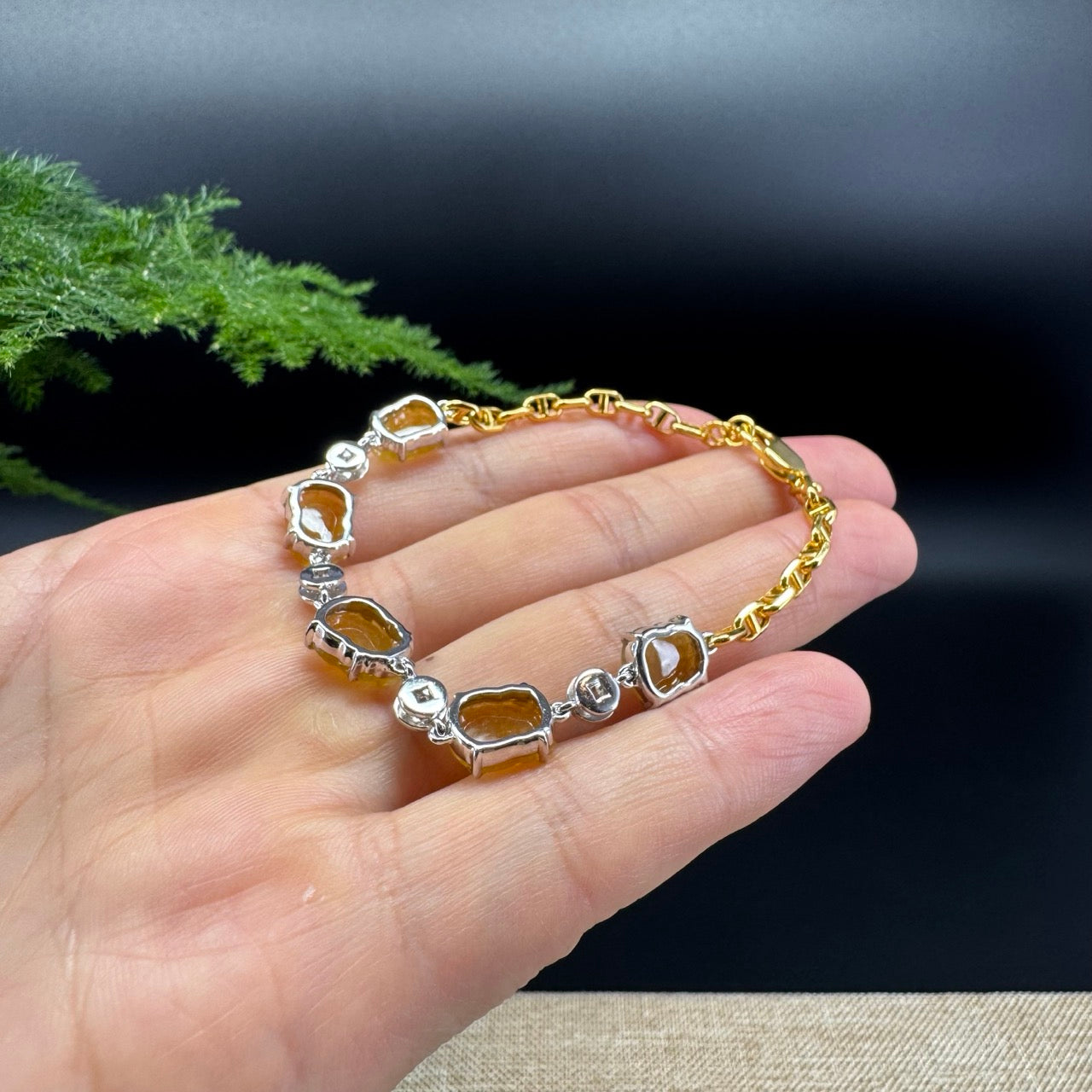 18K Gold Honey Yellow Pi Xiu Jadeite Jade Bracelet With Diamonds