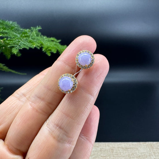 RealJade® 18k Yellow Gold Lavender Jadeite Jade Round Earrings With Diamonds