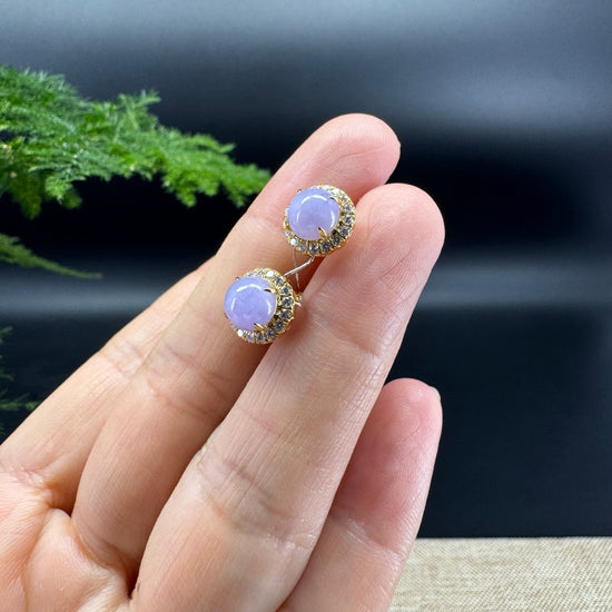 RealJade® 18k Yellow Gold Lavender Jadeite Jade Round Earrings With Diamonds