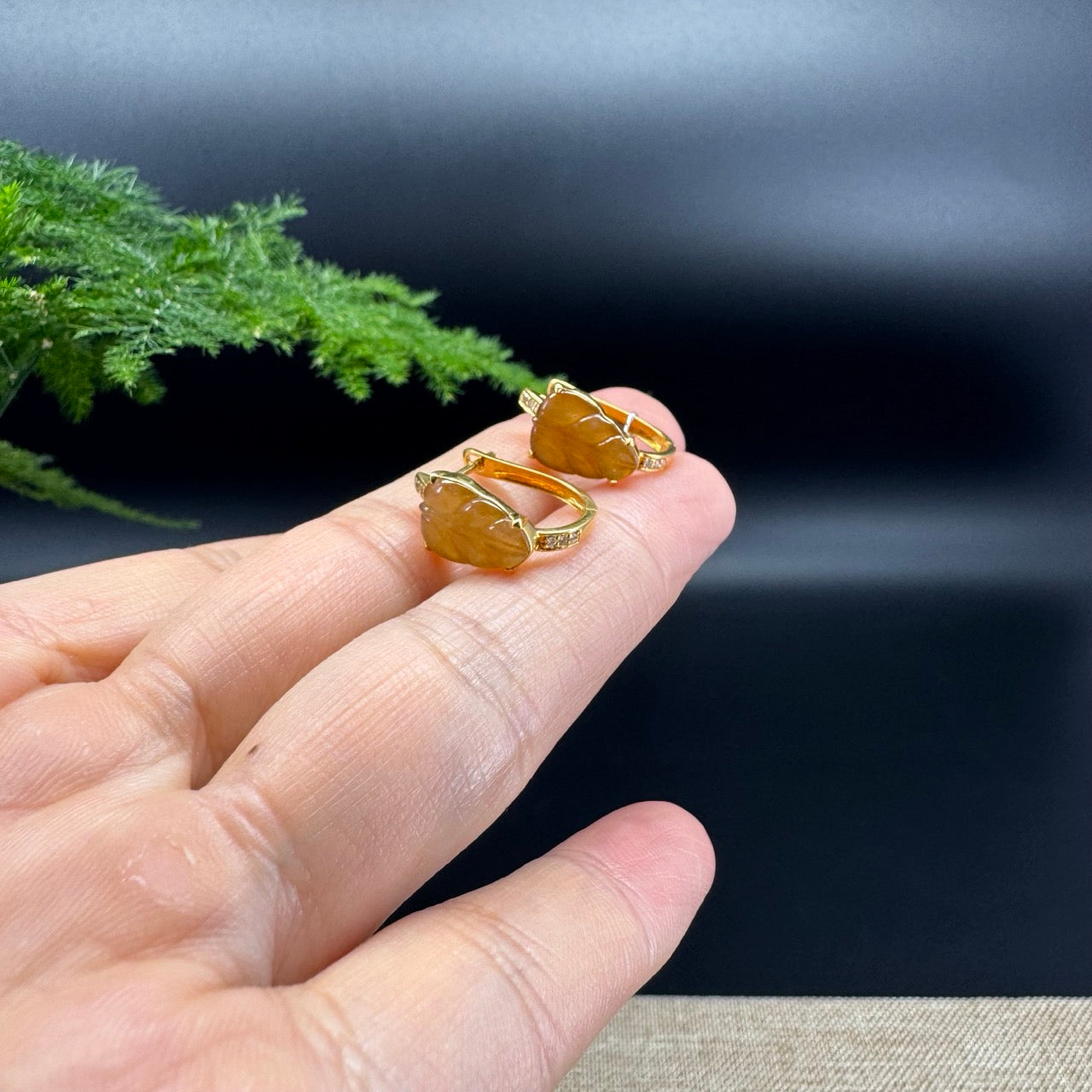 RealJade® 18k Yellow Gold Classic Honey Yellow Jadeite Jade Leaf Earrings with Diamonds