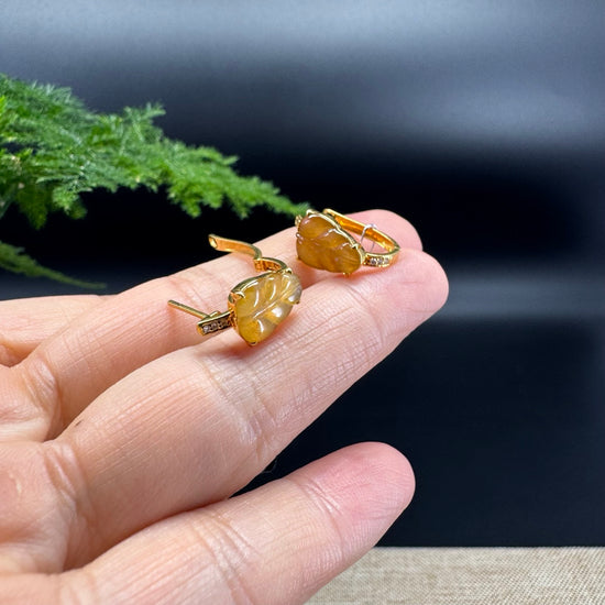 RealJade® 18k Yellow Gold Classic Honey Yellow Jadeite Jade Leaf Earrings with Diamonds