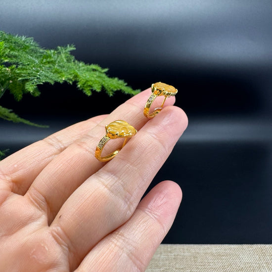 RealJade® 18k Yellow Gold Classic Honey Yellow Jadeite Jade Leaf Earrings with Diamonds