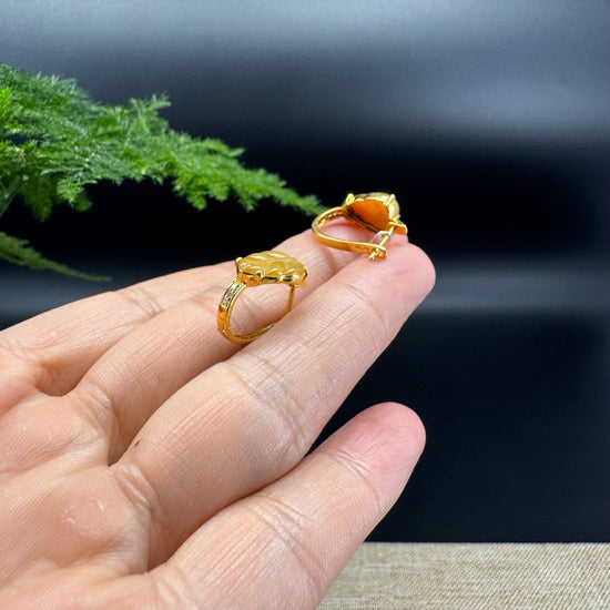 RealJade® 18k Yellow Gold Classic Honey Yellow Jadeite Jade Leaf Earrings with Diamonds