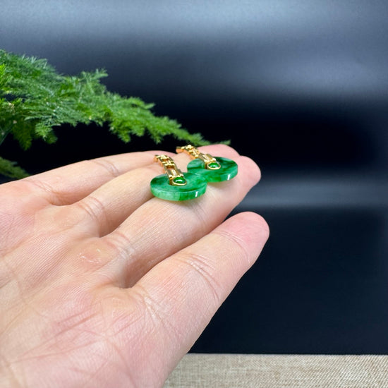 18k Yellow Gold Genuine Spicy Green Jadeite Jade Earrings With Diamonds