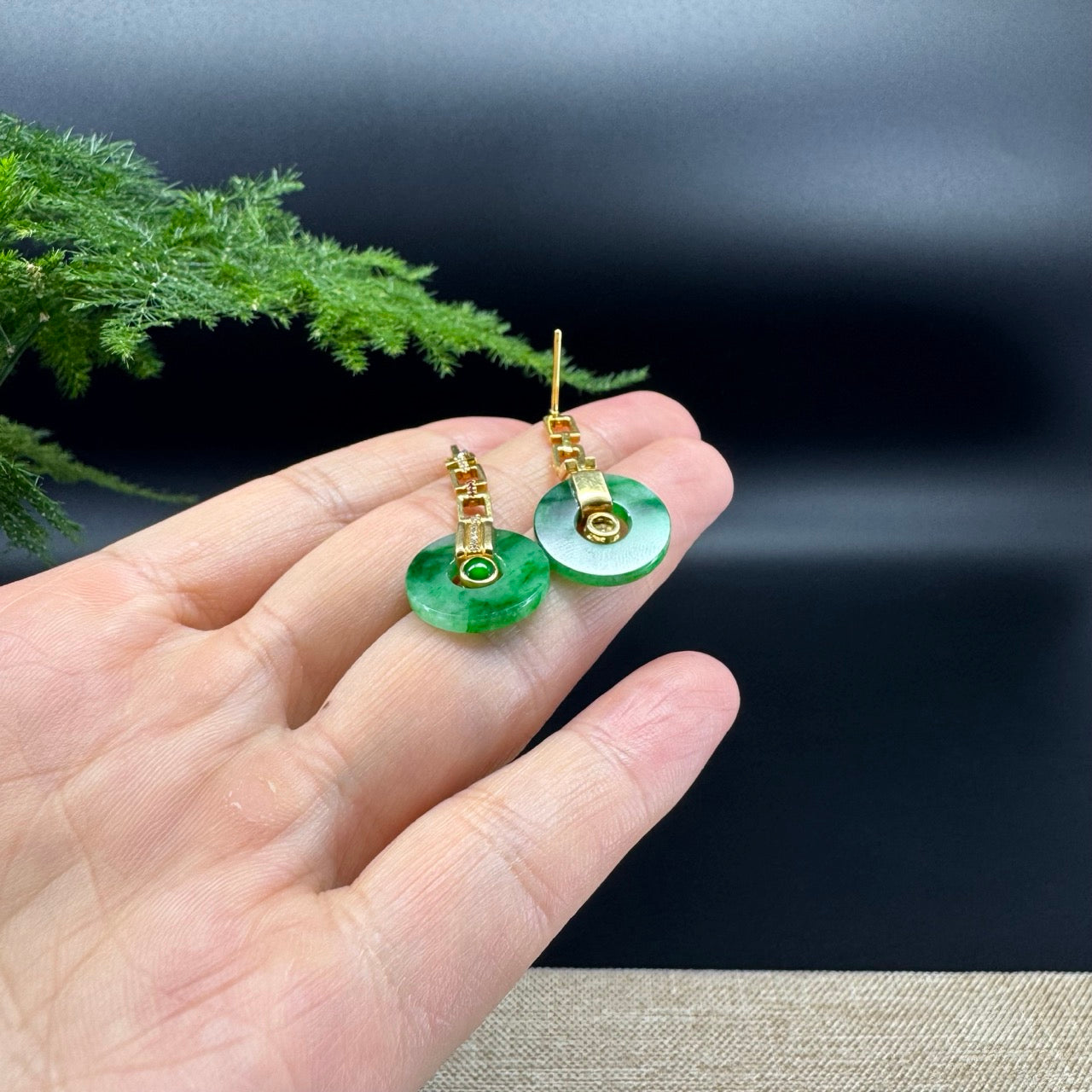 18k Yellow Gold Genuine Spicy Green Jadeite Jade Earrings With Diamonds