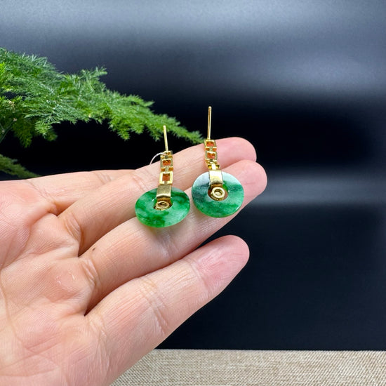 18k Yellow Gold Genuine Spicy Green Jadeite Jade Earrings With Diamonds