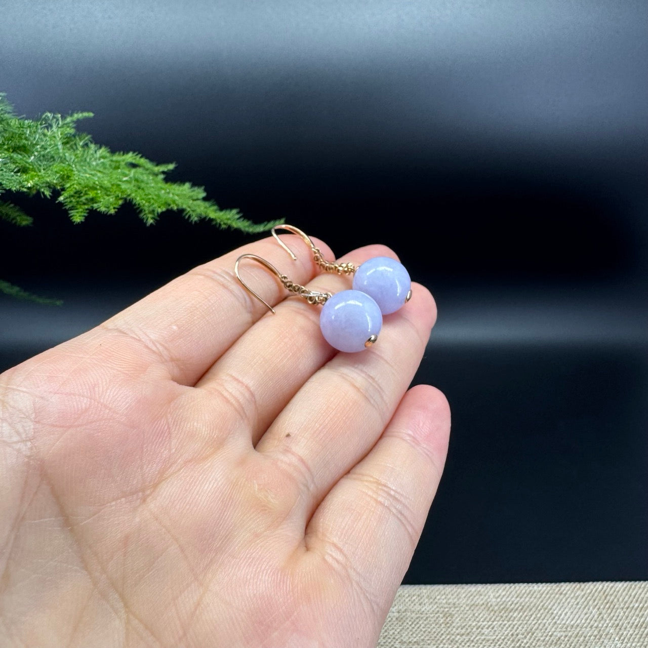 18k Rose Gold Genuine Lavender Bead Jadeite Jade Diamonds Earrings