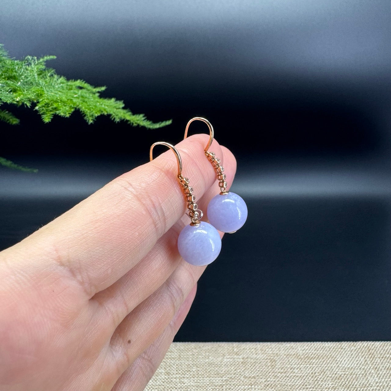 18k Rose Gold Genuine Lavender Bead Jadeite Jade Diamonds Earrings