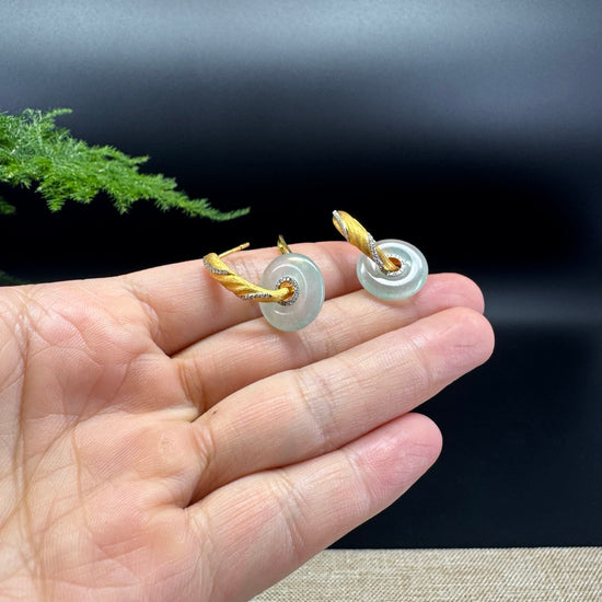 18k Yellow Gold Genuine Icy Green Koukou Jadeite Jade Diamonds Earrings