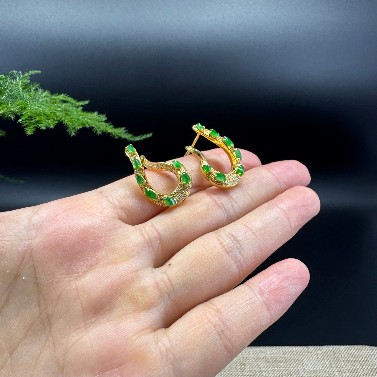 RealJade® 18k Yellow Gold Imperial Green Jadeite Jade Diamonds Earrings