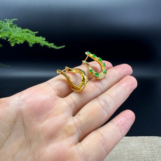 RealJade® 18k Yellow Gold Imperial Green Jadeite Jade Diamonds Earrings