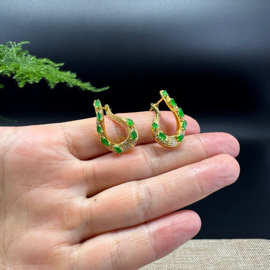 RealJade® 18k Yellow Gold Imperial Green Jadeite Jade Diamonds Earrings