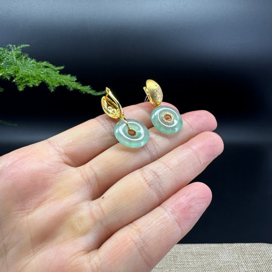 18k Yellow Gold Genuine Icy Green KouKou Jadeite Jade Diamonds Earrings