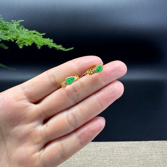 RealJade® 18k Yellow Gold Imperial Green Jadeite Jade Hulu Diamonds Earrings