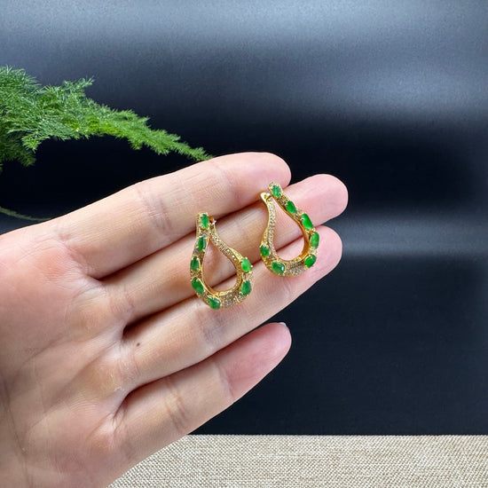 RealJade® 18k Yellow Gold Imperial Green Jadeite Jade Diamonds Earrings