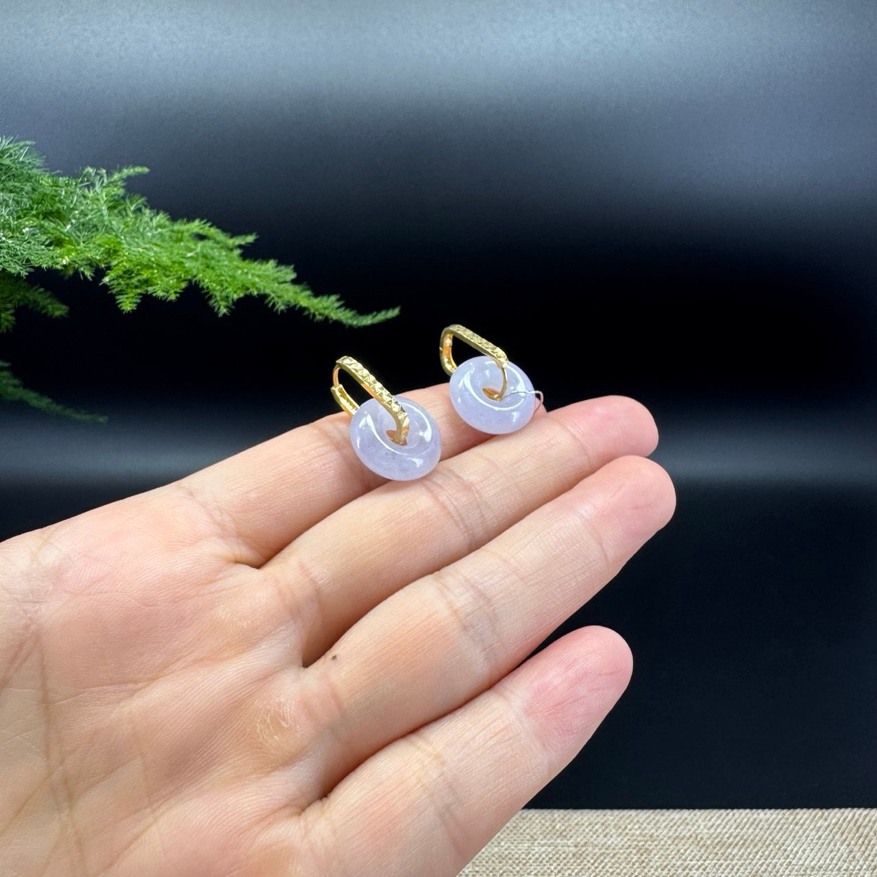 18k Yellow Gold Genuine Lavender Koukou Jadeite Jade Earrings