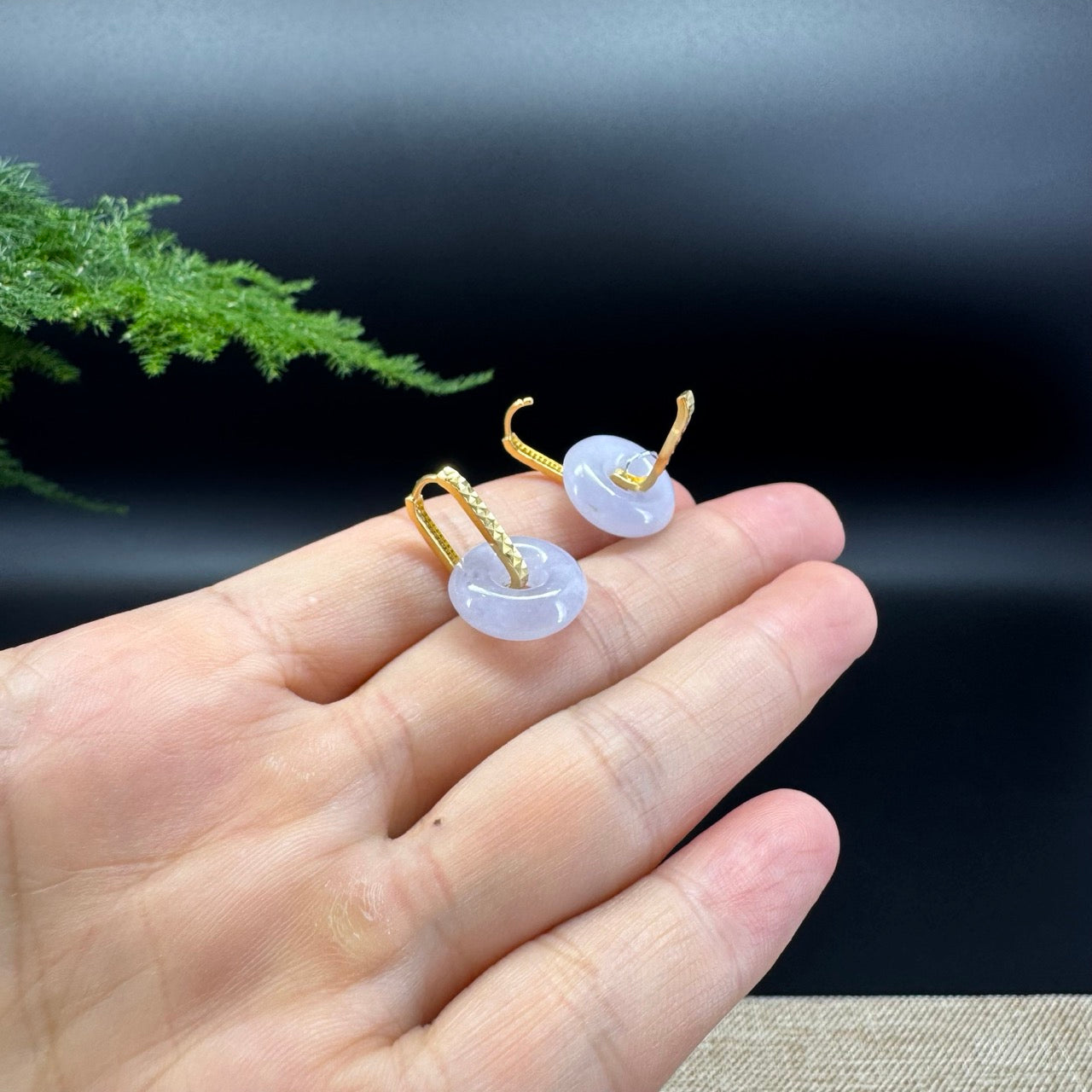 18k Yellow Gold Genuine Lavender Koukou Jadeite Jade Earrings