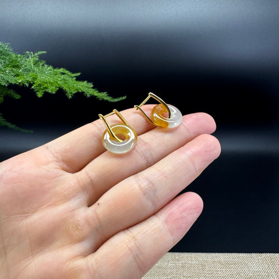 18k Yellow Gold Genuine Icy Yellow Koukou Jadeite Jade Earrings