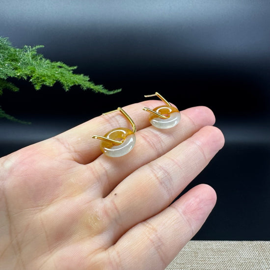 18k Yellow Gold Genuine Icy Yellow Koukou Jadeite Jade Earrings