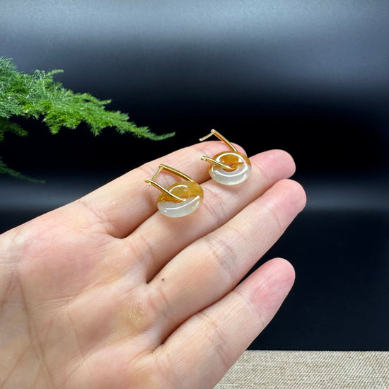 18k Yellow Gold Genuine Icy Yellow Koukou Jadeite Jade Earrings