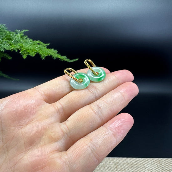 18k Yellow Gold Genuine Icy Green Koukou Jadeite Jade Earrings