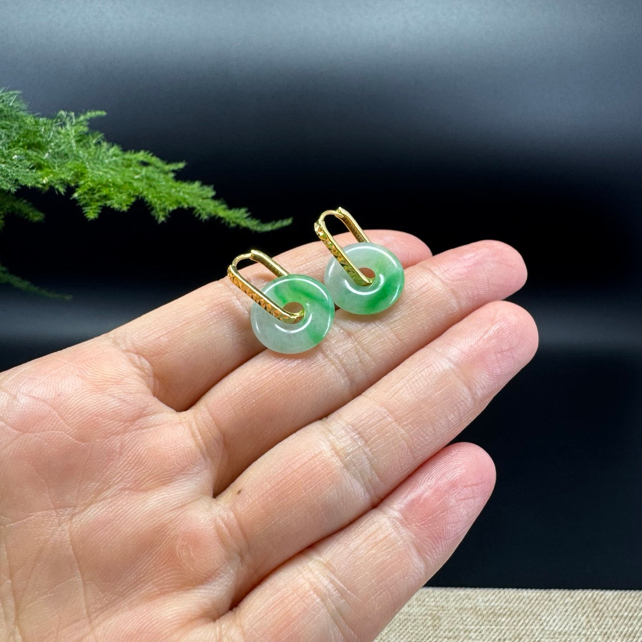 18k Yellow Gold Genuine Icy Green Koukou Jadeite Jade Earrings