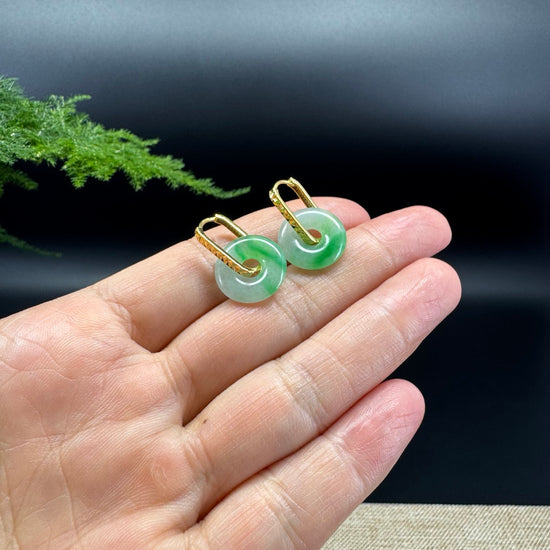 18k Yellow Gold Genuine Icy Green Koukou Jadeite Jade Earrings