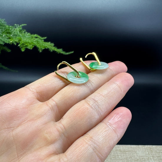 18k Yellow Gold Genuine Icy Green Koukou Jadeite Jade Earrings