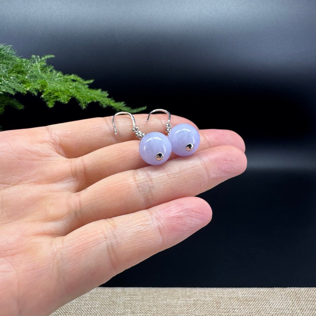 18k White Gold Genuine Lavender Bead Jadeite Jade Earrings