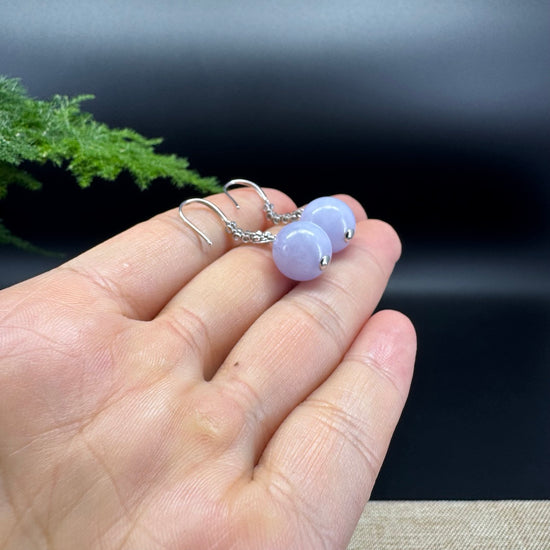 18k White Gold Genuine Lavender Bead Jadeite Jade Earrings