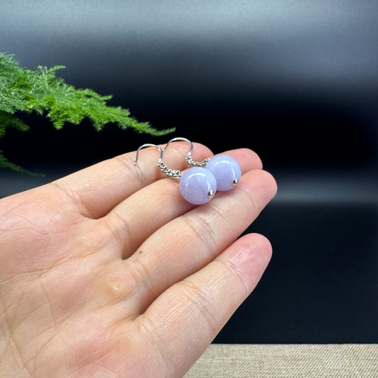 18k White Gold Genuine Lavender Bead Jadeite Jade Earrings