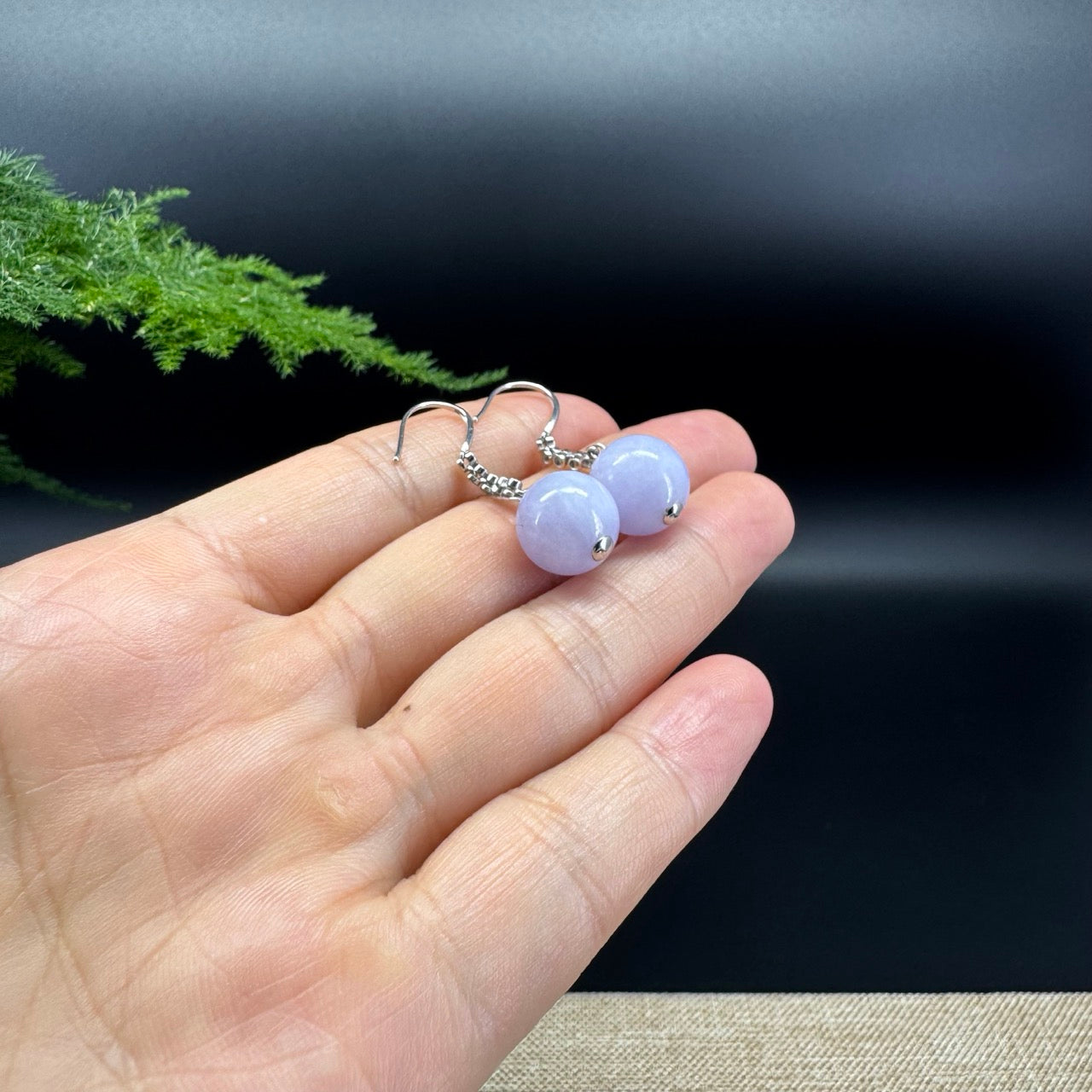 18k White Gold Genuine Lavender Bead Jadeite Jade Earrings