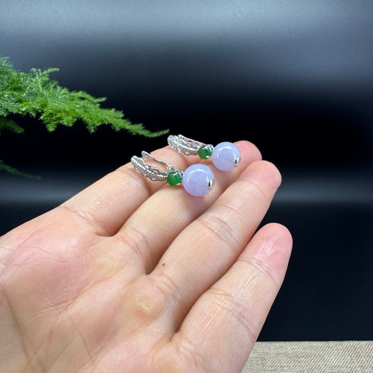 18k White Gold Genuine Lavender Bead Jadeite Jade Earrings with Diamonds