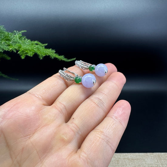 18k White Gold Genuine Lavender Bead Jadeite Jade Earrings with Diamonds