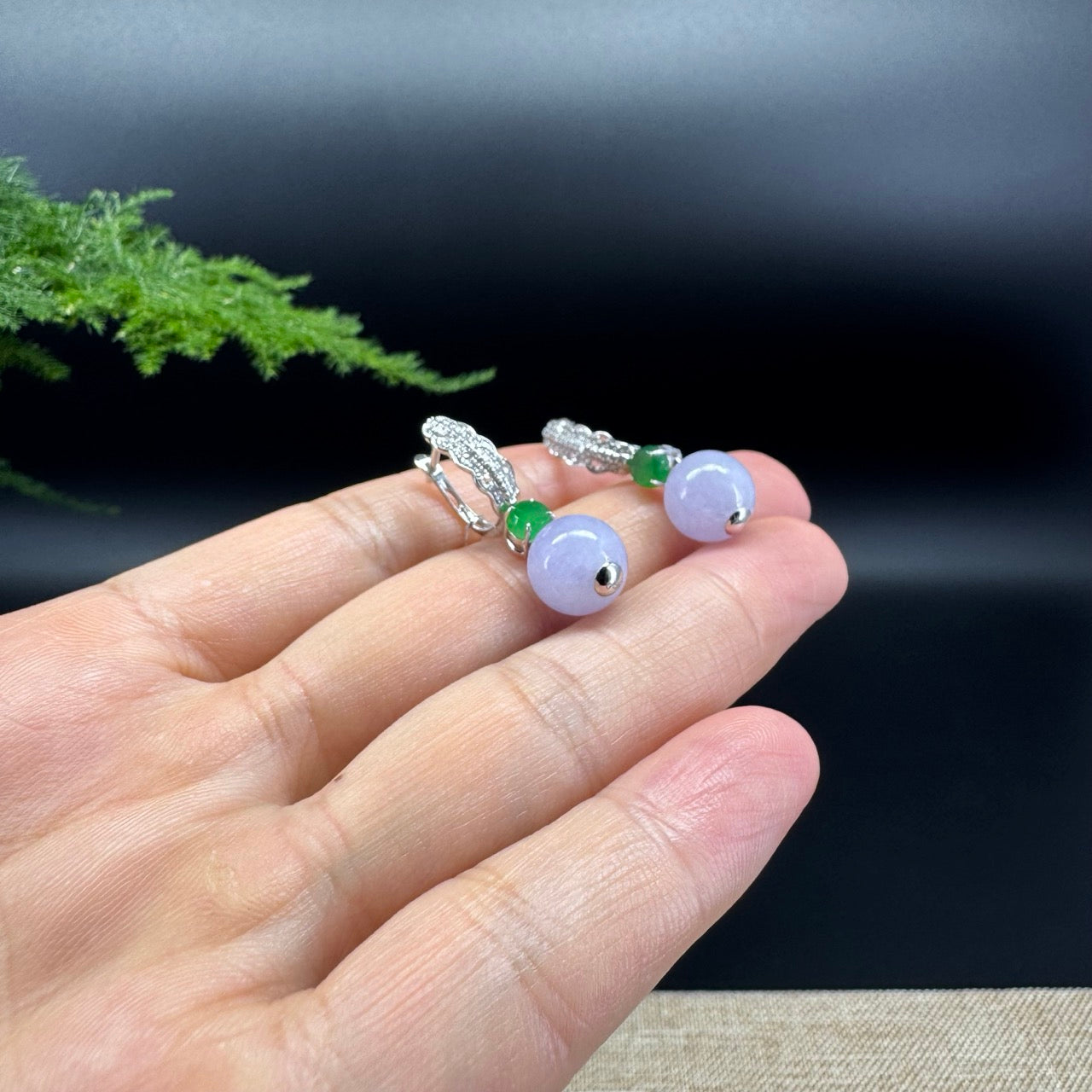 18k White Gold Genuine Lavender Bead Jadeite Jade Earrings with Diamonds