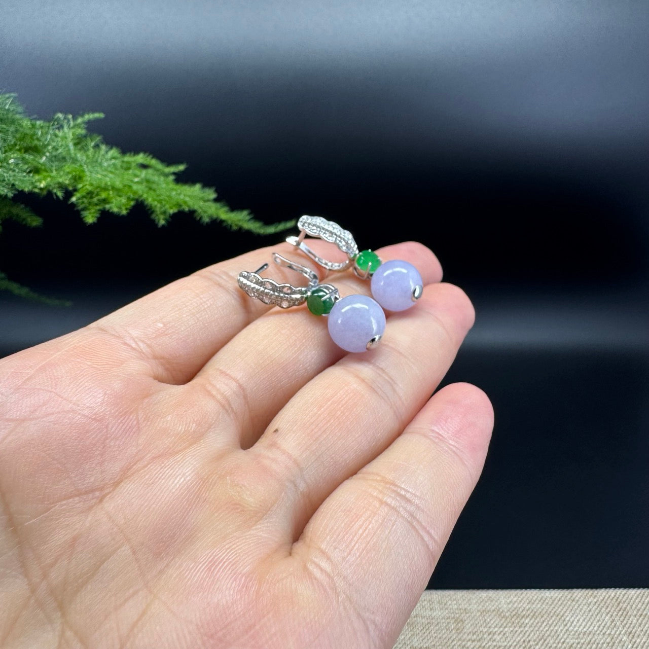 18k White Gold Genuine Lavender Bead Jadeite Jade Earrings with Diamonds