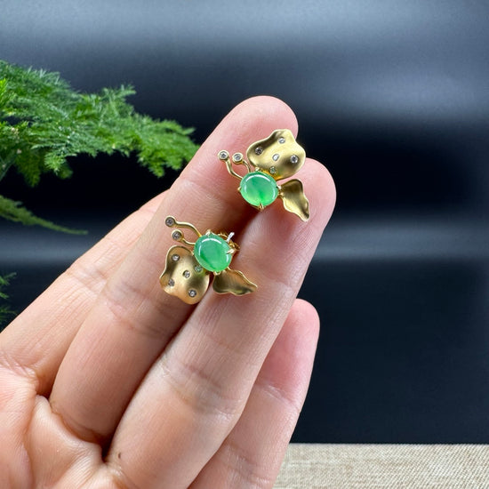 RealJade® 18k Yellow Gold Green Jadeite Jade 'Butterfly'Earrings With Diamonds