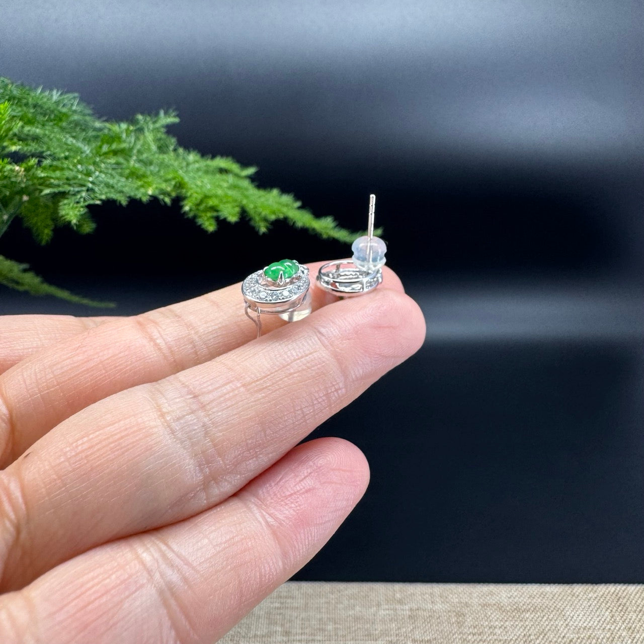 RealJade® 18k White Gold Real Imperial Green Jadeite Jade Hulu Earrings with Diamonds