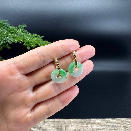 18k Yellow Gold Genuine Icy Green Koukou Jadeite Jade Earrings