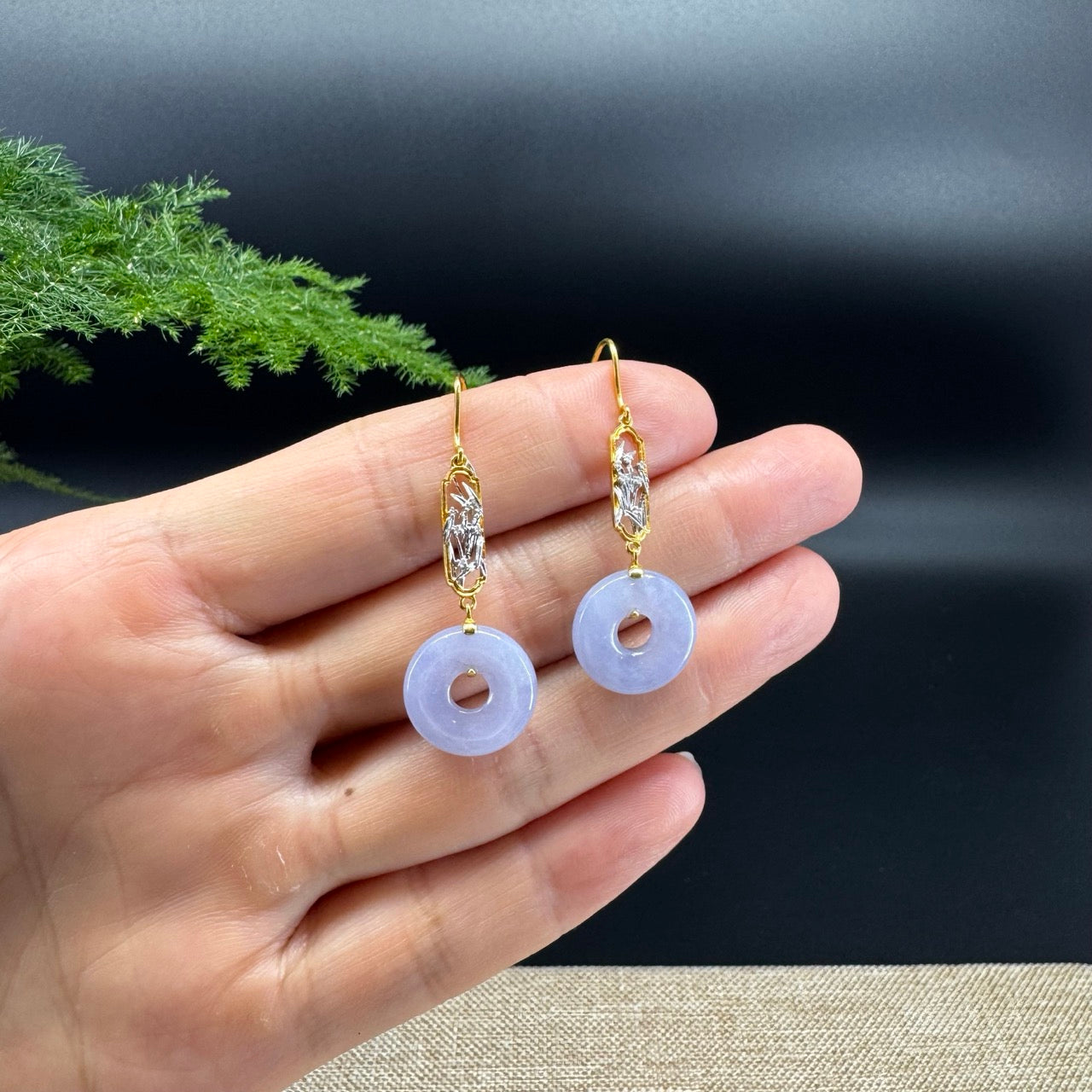 18k Gold Genuine Lavender Koukou Jadeite Jade Earrings
