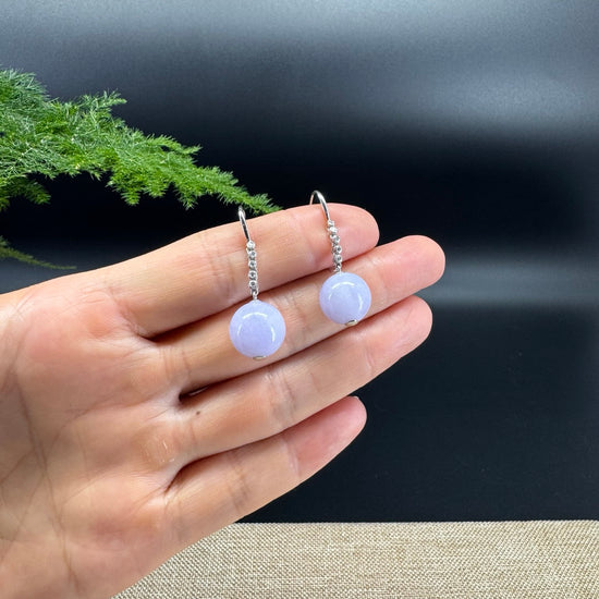 18k White Gold Genuine Lavender Bead Jadeite Jade Earrings