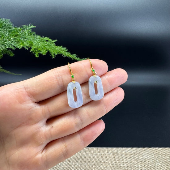 18k Yellow Gold Genuine Light Lavender Koukou Jadeite Jade  Earrings