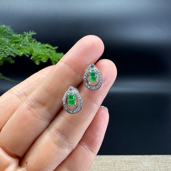 RealJade® 18k White Gold Real Imperial Green Jadeite Jade Hulu Earrings with Diamonds