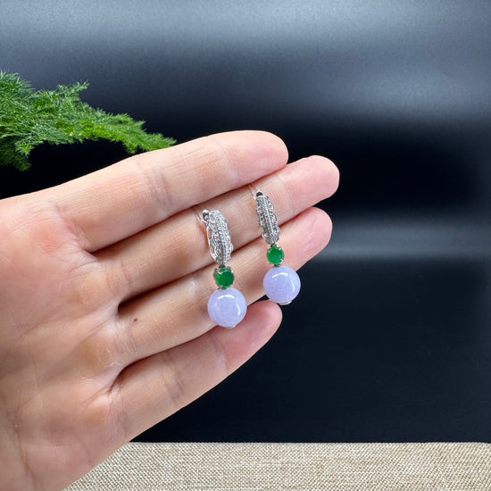 18k White Gold Genuine Lavender Bead Jadeite Jade Earrings with Diamonds